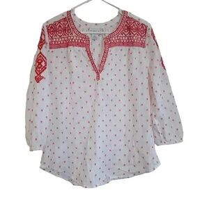 Liz Claiborne Women’s White & Red Cotton Embroidered & Smocked Tunic Top